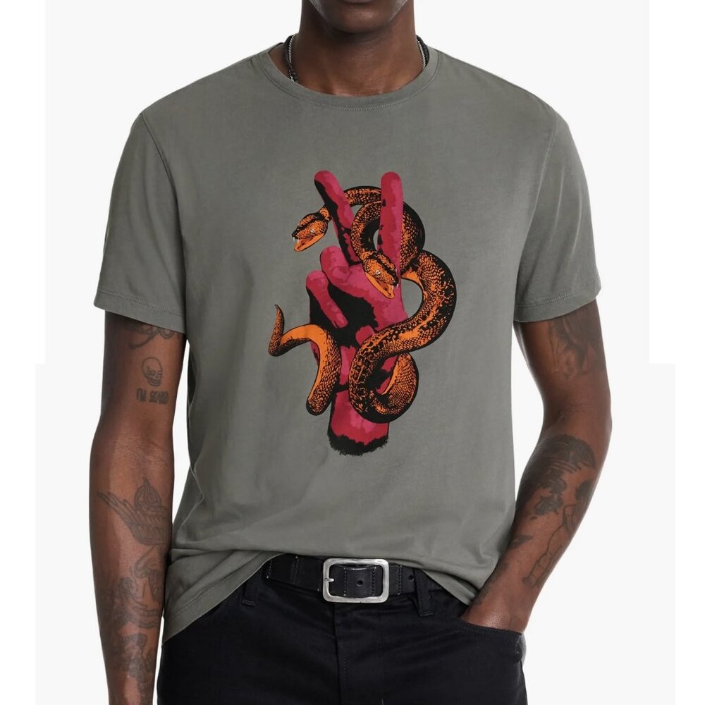 John Varvatos Mens Flat Grey Peace Snake Graphic Cotton Crew Neck Tee NWT 118
